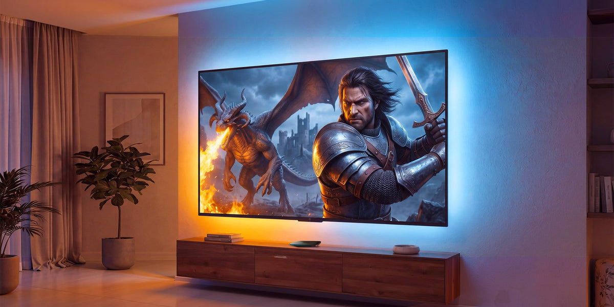 Jeu médiéval-fantastique sur une TV dont le halo LUMYG colore le mur
