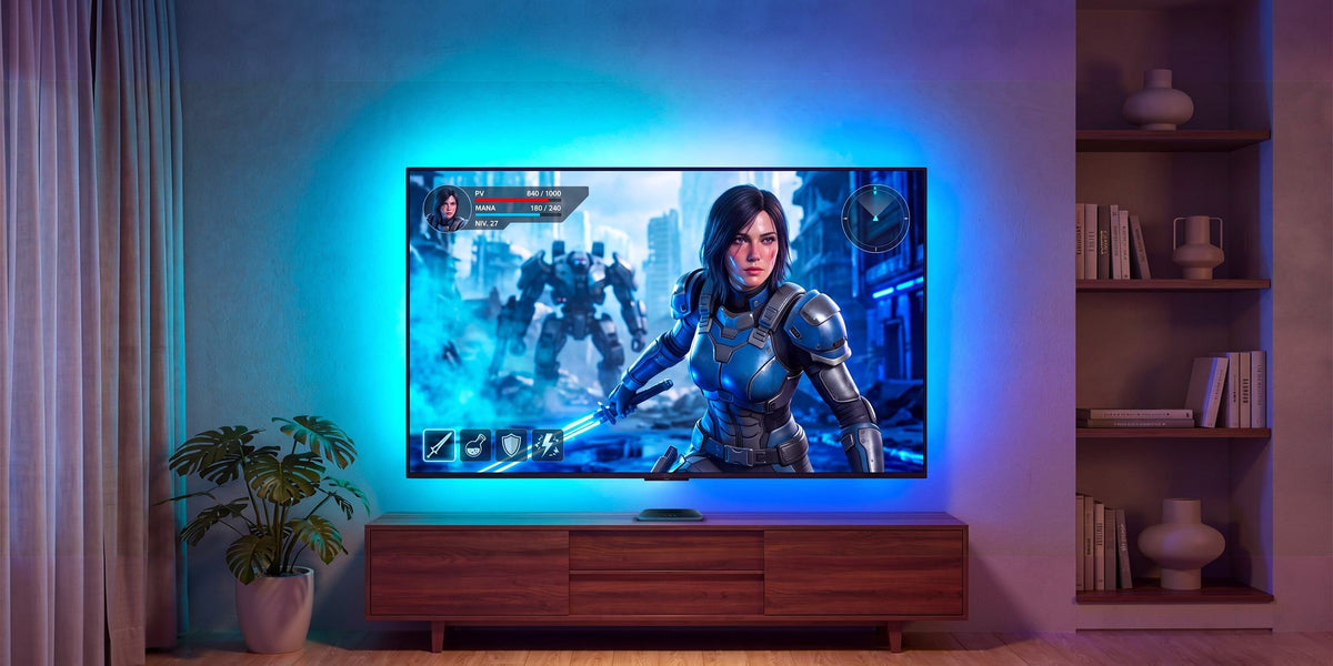 Jeu de science-fiction sur une TV dont le halo LUMYG colore le mur