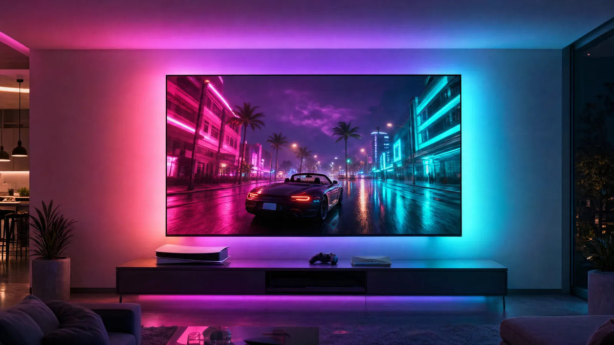 Salon gaming avec TV et rétroéclairage LUMYG rose et bleu sur le mur
